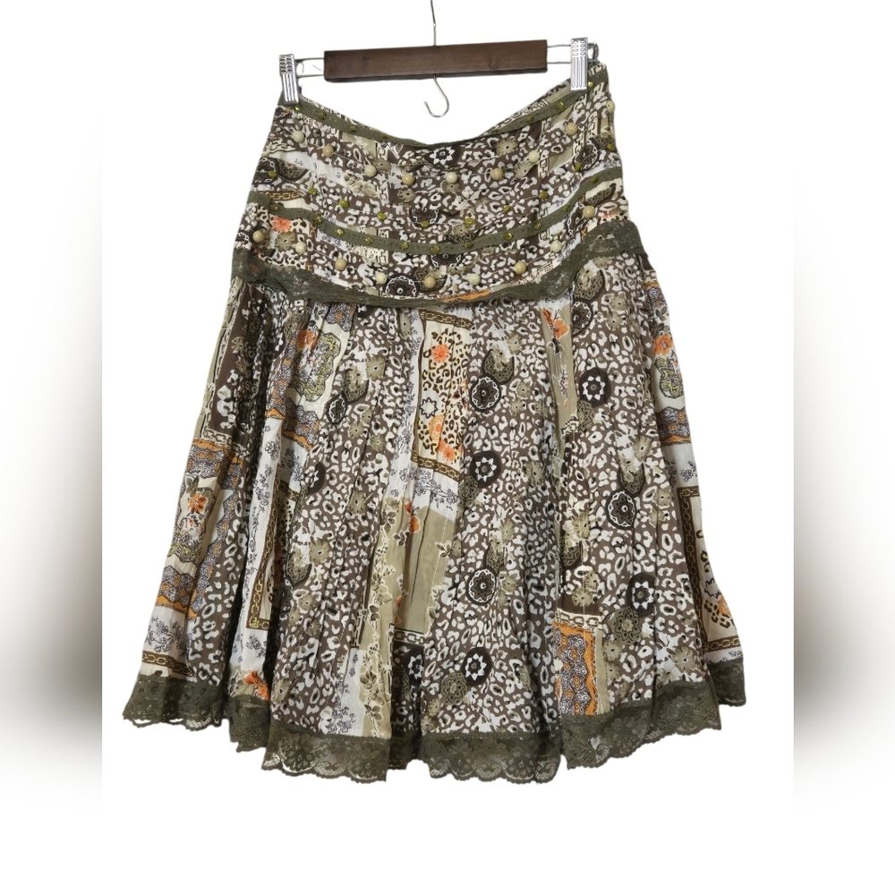Beaded Floral Patchwork A-Line Midi Skirt in Olive Sz Sm NWT - Picture 2 of 3